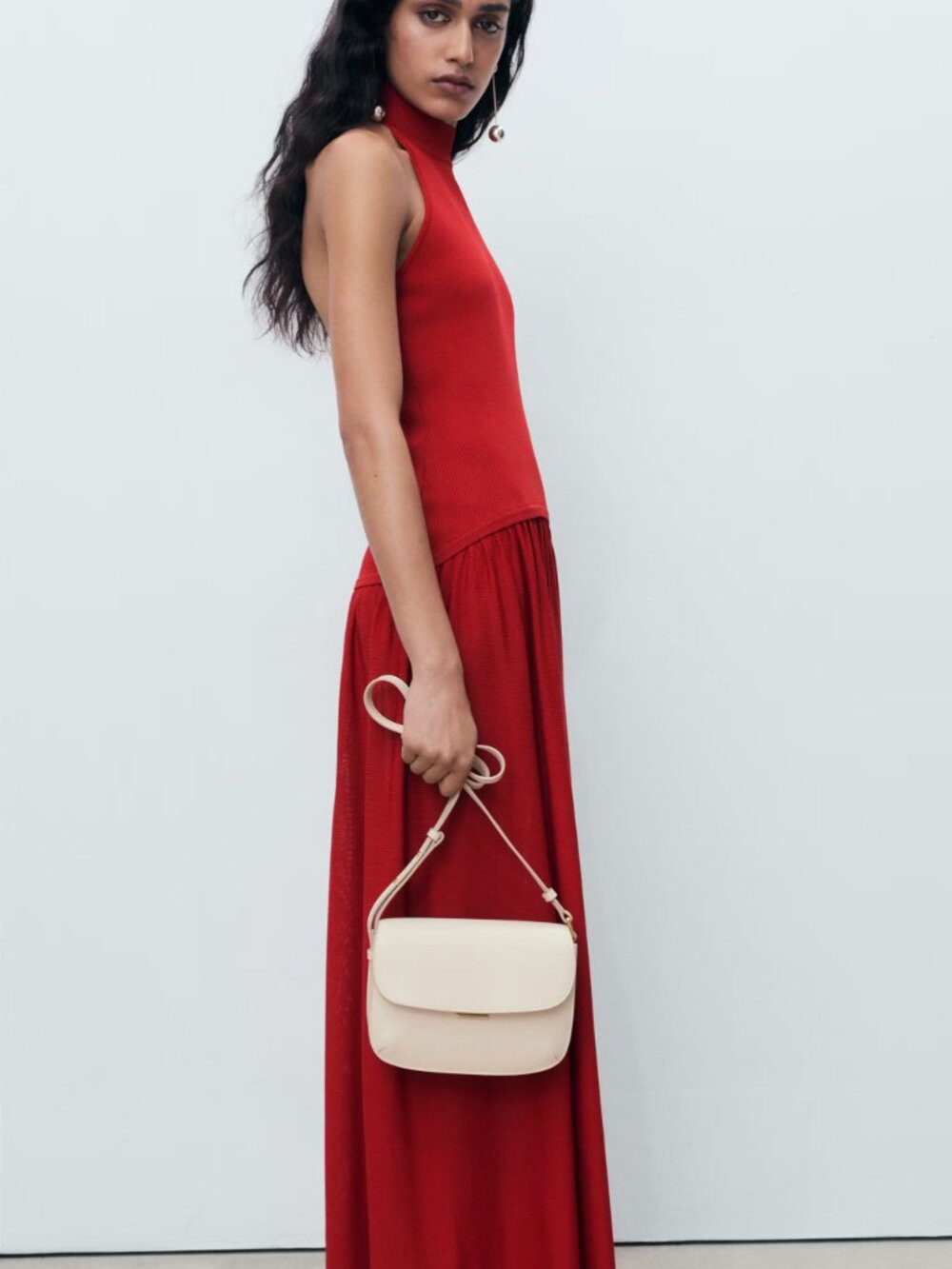 Mango Red Halter Knit Drop Waist Maxi Dress Gown XS - Picture 3 of 13